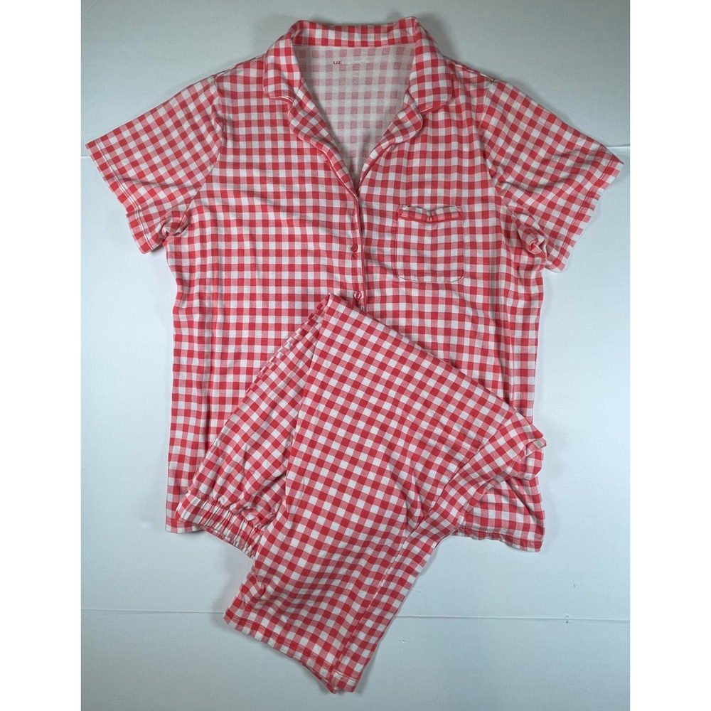 Liz Claiborne Pajama Set Womens L Red Gingham Cotton Blend Short Sleeve Capri